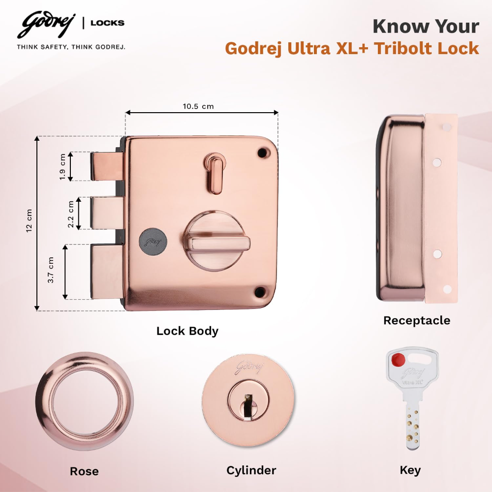 Godrej Rim Lock I Tribolt Ultra XL plus  l 1CK Deadbolt I for Inside Opening Wooden Door | Left or Right Handed Doors I 4 Keys I 5-Year Warranty I Manual Locking l Rose Gold Finish